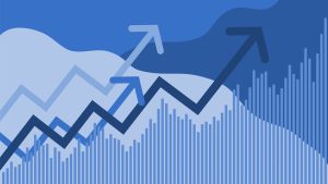 Bar chart and arrows with an upward trend on blue tones.