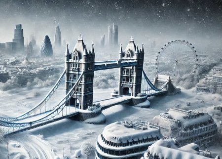 Climate scientists group together to warn about the impacts of a key climate tipping point: an AMOC circulation change Central London covered with a deep layer of persistent snow.