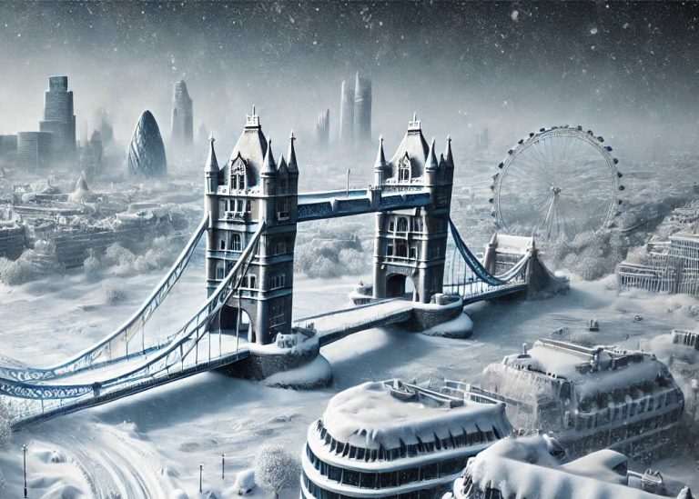Central London covered with a deep layer of persistent snow.