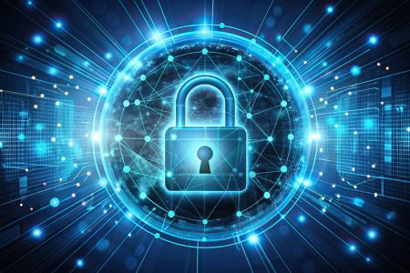 Data protection: survey sees a large year-on-year increase in data encryption usage Secure virtual interface with encryption padlock icon protects personal information, ensuring global network security through advanced technology and strong data safeguards.