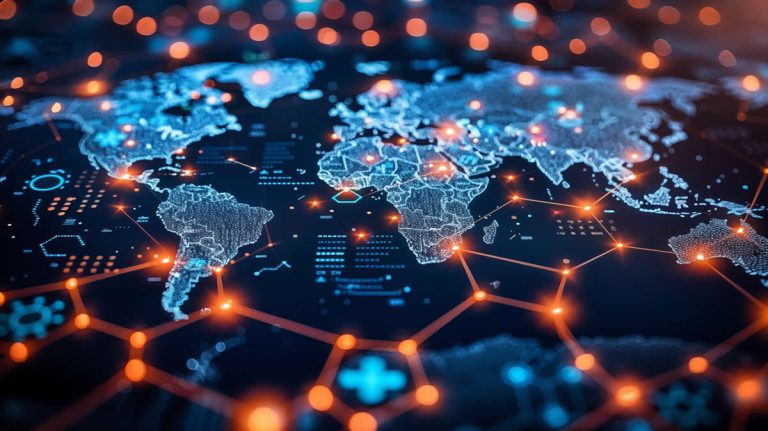 Global digital network visualization with glowing connections on world map.
