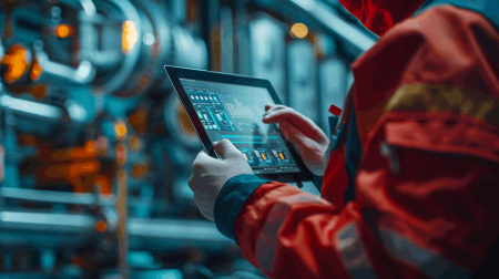 Engineer in orange jacket using tablet to monitor industrial machinery.
