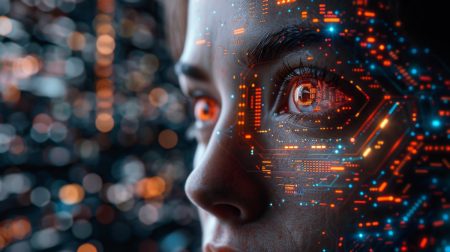 The UK’s cybersecurity landscape: key trends and challenges for 2025 A female face looking to the future superimposed with digital icons.
