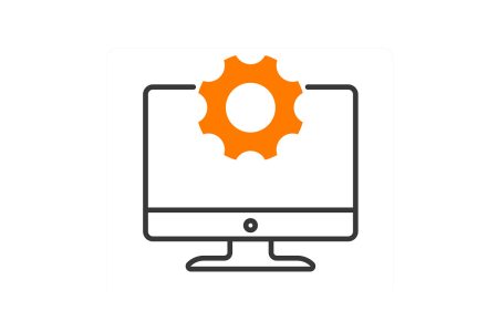 An orange cog in front of a cartoon computer shows the concept of an operating system.