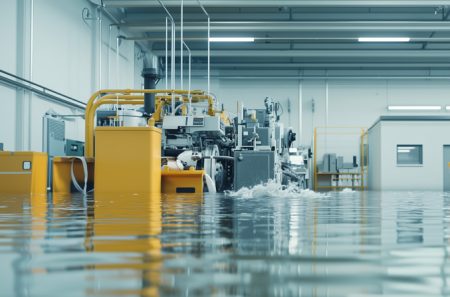 Resilience or rebuild? Flood prevention and protective measures are more cost-effective than rebuilding A factory flooded.