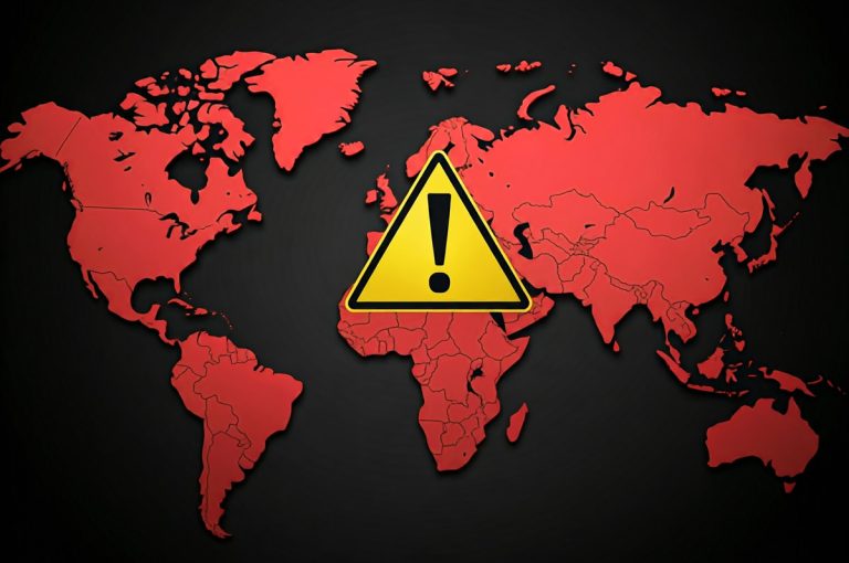 A red-tinged map of the world with a central yellow hazard warning sign...