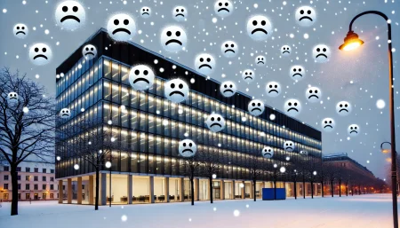 Disinformation is having a huge global impact on organizations An office building in winter with bad reviews falling in the form of sad face icons instead of snowflakes.