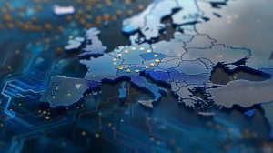 Digital Europe map with stars, symbolizing EU cybersecurity and technology.