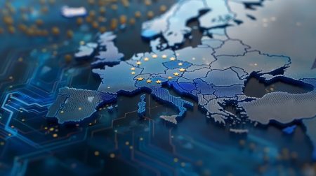 Digital Europe map with stars, symbolizing EU cybersecurity and technology.