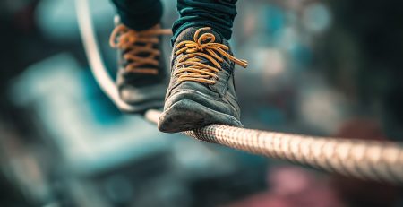 A close up of feet on a tightrope.