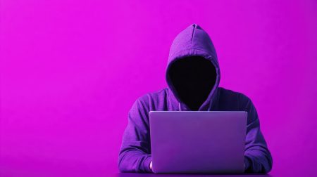 A hacktivist in a purple hoodie with a laptop on a dark violet background.