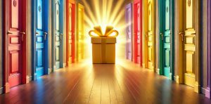 A reward is accessed by a choice of a number of brightly coloured doors.