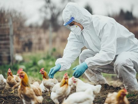 Veterinarian examining chickens on a poultry farm for bird flu.