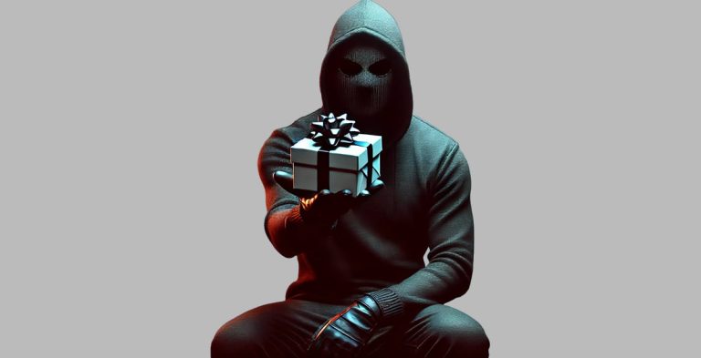 A hacker holds out a gift wrapped present - which contains a malware kit.