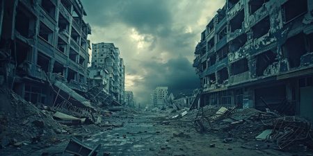The World Economic Forum Global Risks Report 2025 A city destroyed by warfare.
