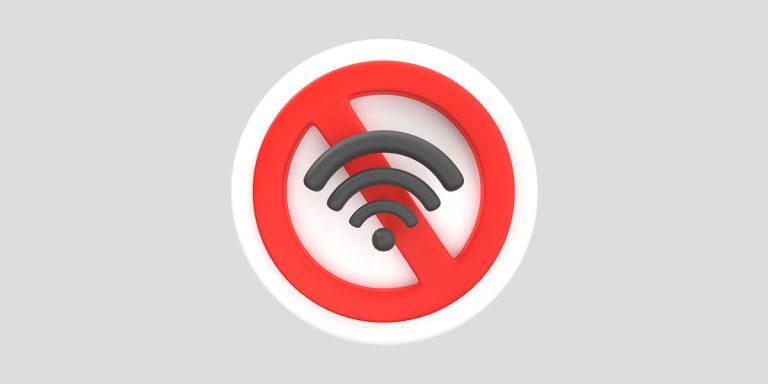 Wifi downtime concept. A wifi symbol crossed out with a red circle, indicating no wireless connection.