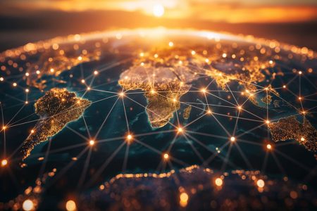 Supply chain resilience is rising in importance says new report Supply chain resilience concept - a map of the world connected by a web of nodes.