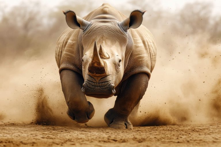 A grey rhino charging at the camera