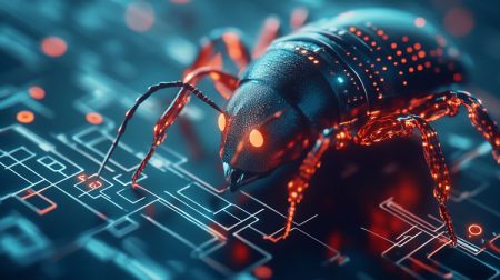 An AI bug concept - a digital version of a beetle crawls over a technology map.