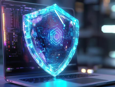 A glowing digital shield represents an AI security concept.