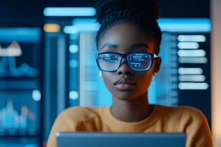 ‘Digital dexterity crisis’ threatens organizations’ ability to adapt to an AI centric business environment A focused woman wears tech-enabled glasses while analyzing complex data on a digital screen.