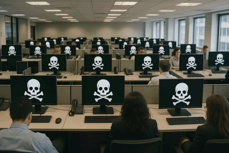 Majority of organizations experienced critical business function downtime as a result of a high-impact cyber event last year An office with a lot of workers at computer screens, each screen showing a skull to indicate a successful enterprise ransomware attack.