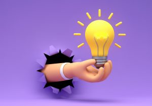 minimum viable company concept - Resilience Forward A hand smashes through a panel to hold out a glowing lightbulb - to show the concept of a new idea breaking through.