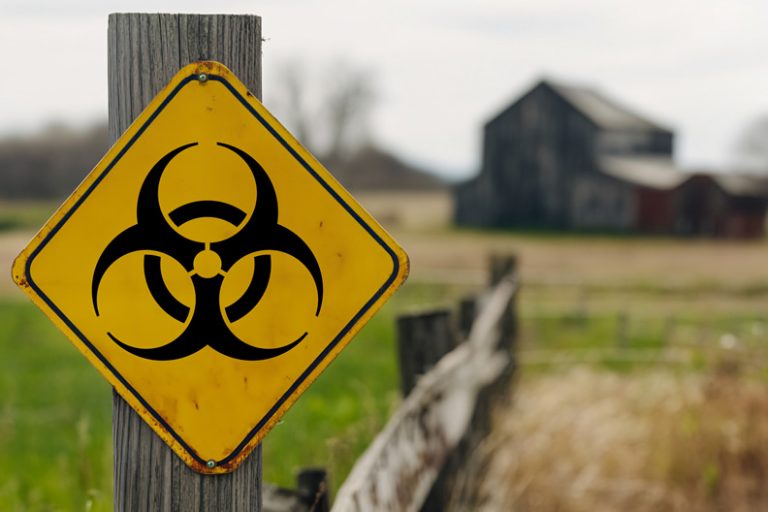 Yellow biohazard warning sign at fence with farm with animals infected with H5N1 virus in background.