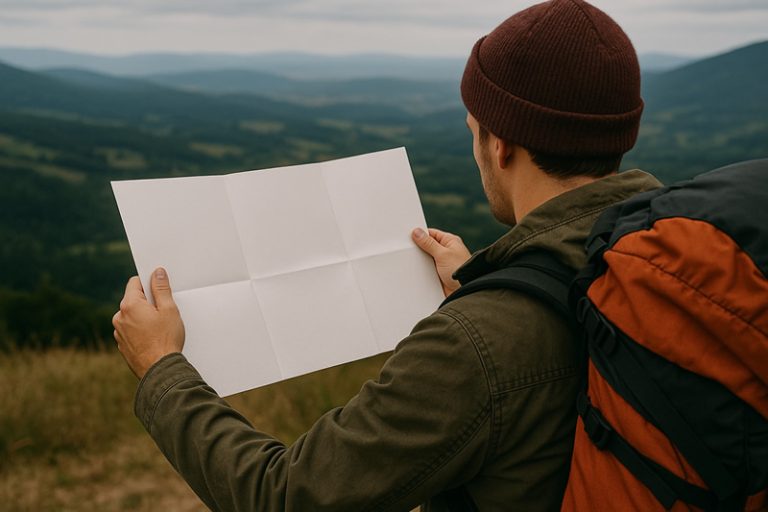 A hiker with a blank map illustrates the concept of businesses without a forward looking roadmap.