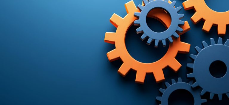 Business continuity planning - Resilience Forward business continuity planning concept - a number of interconnected cogs on a bright blue background.