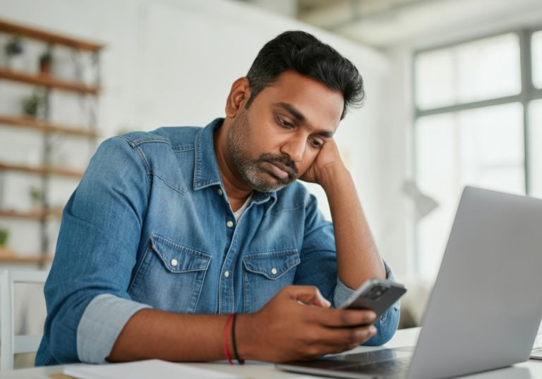 Disengaged employee - Resilience Forward Unmotivated employee quiet quitting while sitting at desk and looking at smartphone.