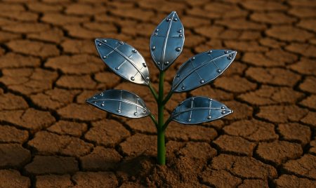 The conventional image for resilience of a single green plant in a drought stricken field is given a twist, with metal leaves to illustrate the idea of extreme resilience.