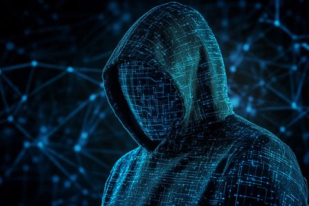 Futuristic digital figure in a hooded cloak with glowing cyber patterns, symbolizing cybersecurity, hacking, and artificial intelligence in a high-tech world.