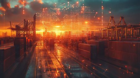 Agentic AI will be one of the keys to future supply chain resilience A port overlaid with digital imagery showing the concept of Agentic AI in supply chains
