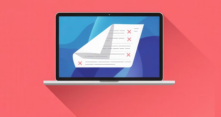 Laptop display showing a document with corrections marks on coral background.
