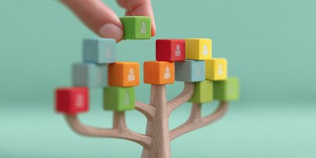 Wooden tree with colorful blocks, each showing a person icon, symbolizing organizational structure.