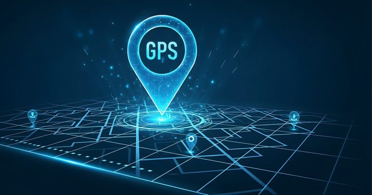 Digital illustration of a glowing GPS location marker pinpointing a map's coordinates.