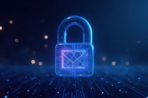 Post-Quantum Cryptography - a digital padlock with a quantum sigil on the front.