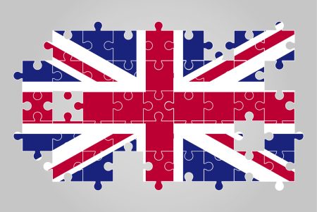 UK resilience concept - Resilience Forward A Union Flag jigsaw with missing pieces.