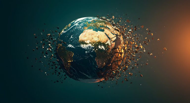 A shattered globe with fragments symbolizes global fragility, crises, and conflicts.