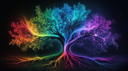 Organizational resilience: the new bottom line Rainbow-hued tree with glowing roots and branches against a dark background, symbolising organizational resilience and holistic resilience by design.