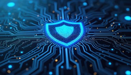 NIST concept paper looks at Control Overlays for Securing AI Systems Futuristic blue circuit board features central shield symbol for advanced cybersecurity.
