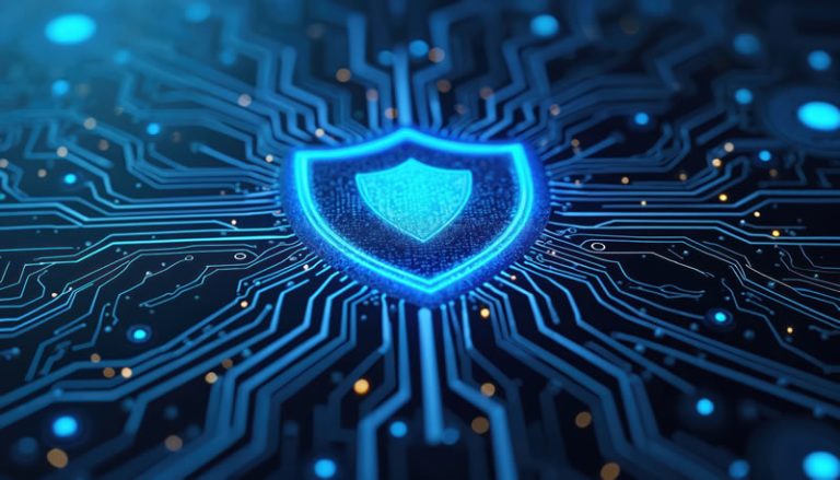 Futuristic blue circuit board features central shield symbol for advanced cybersecurity.