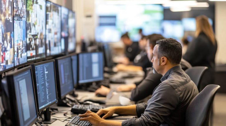 Security operations center (SOC) in action, professionals coordinating incident responses