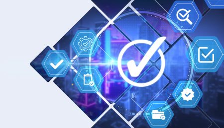 Why GRC needs to move from cost centre to business driver A GRC concept - a mix of related icons surround a white tick on a blue background.