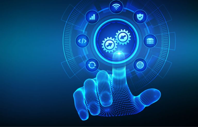 Integration - Resilience Forward A digital hand points to an integration icon consisting of two cogs. This is surrounded by a number of IT and business related icons.