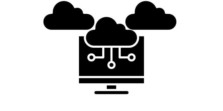 Three dark clouds above a computer with three flows of information. Depicting SAAS usage and associated security issues that need managing.