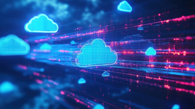 multi-cloud - Resilience Forward A group of white digital clouds above a generic IT concept background.