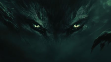 A close up of a black wolf face with shining eyes