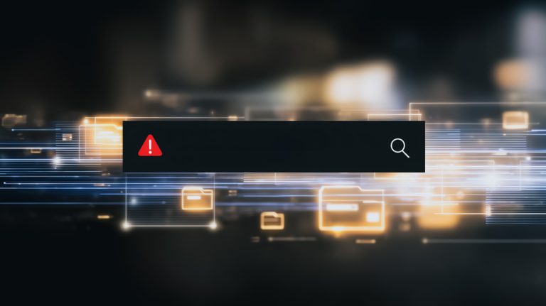 A blank search bar, emblazoned with a red warning sign, against a backdrop of blurred data streams.